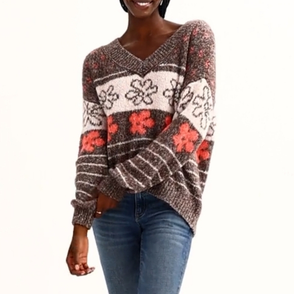 SO Womens V-Neck Pullover Sweater Oversized Chunky Knit Brown Daisy XS - Picture 4 of 12